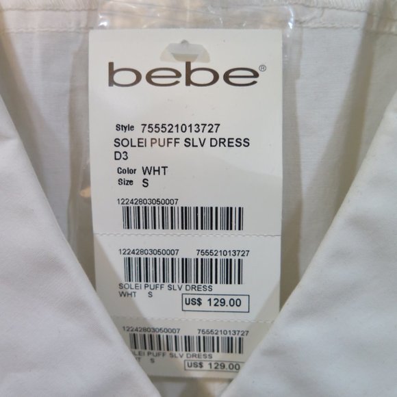 Bebe vintage puffed Solei sleeved dress! White with gold! New with tags! - Picture 3 of 5
